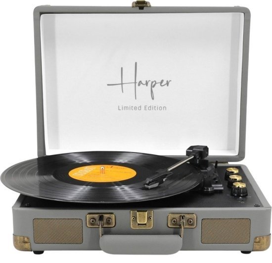פטיפון מזוודה יוקרתי Harper מהדורה מוגבלת עם Bluetooth Out, רמקולים מובנים, רדיו FM, RCA ו-USB – גימור אפור