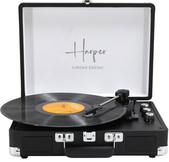 פטיפון מזוודה יוקרתי Harper – Bluetooth Out, רמקולים מובנים, רדיו FM, RCA ו-USB – מהדורה מוגבלת – גימור שחור