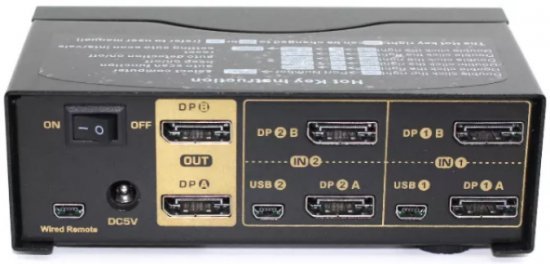מתג KVM בעל 2 יציאות DP תומך 4K עם חיבורי USB וסאונד Gold Touch KVM-DP-2-2