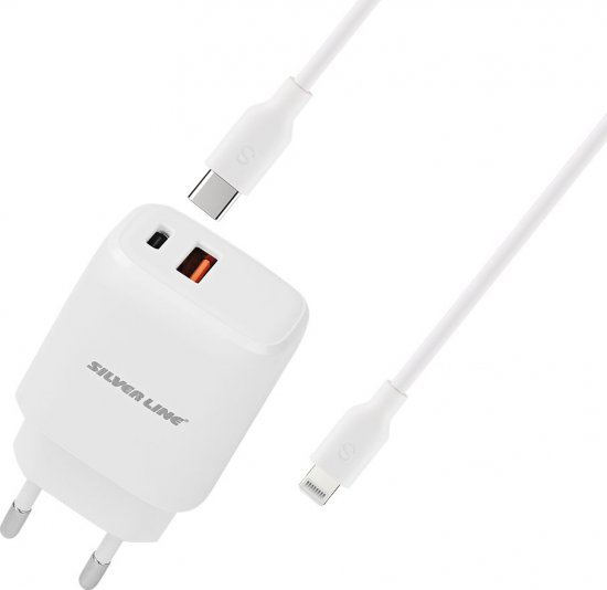 מטען קיר USB Type-A ו-Silver Line 3A SWC20PQ USB Type-C + כבל אייפון Ligtning to Type C באורך 1.2 מטר