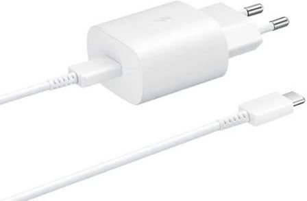מטען קיר מהיר Samsung Super Fast Travel Charger 25W + כבל USB Type-C באורך 1.8 מטר - צבע לבן