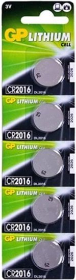 5 סוללות כפתור CR2016 Lithium לא נטענות 3V 20mm x 1.6mm של חברת GP