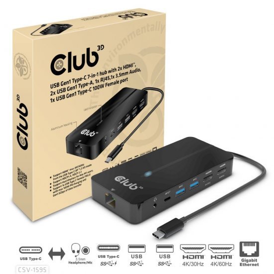 מתאם Club 3D USB Type-C 7-in-1 מחיבור USB Type-C לחיבור 2xHDMI, 2xUSB Gen1 Type-A, 1xRJ45, 1x3.5mm Aoudio, 1x USB Gen1 Type-C 100W
