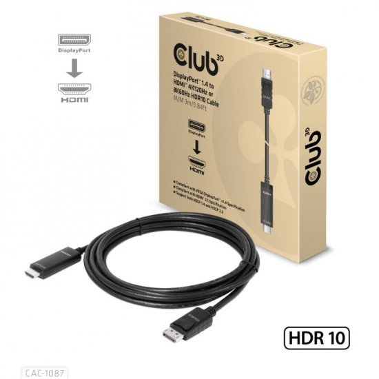 כבל Club3D 4K120Hz / 8K60Hz HDR10 CAC-1087 מחיבור DisplayPort 1.4 זכר לחיבור HDMI 2.1 זכר - אורך 3 מטר