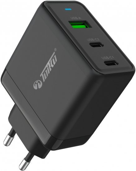 מטען קיר Toiko USB-A + 2xUSB Type-C 65W - צבע שחור