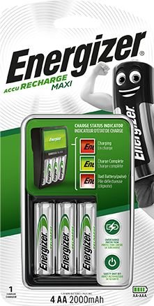 מטען סוללות AAA / AA מקסי עם 4 סוללות AA נטענות מבית Energizer