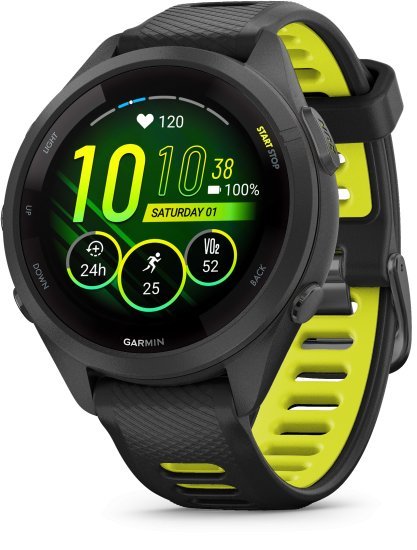 שעון ריצה חכם Garmin Forerunner 265S Music GPS 42mm - צבע שחור עם רצועת סיליקון בצבעי שחור / Amp Yellow - כולל תמיכה מלאה בעברית - שנתיים אחריות יבואן רשמי על ידי רונלייט