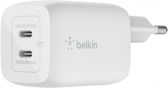 מטען 65W בעל 2 חיבורי USB-C מבית Belkin - בצבע לבן