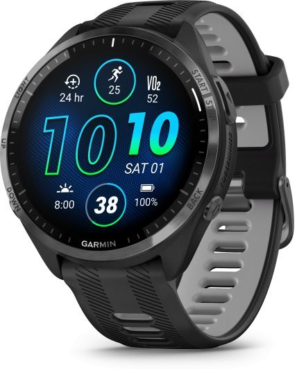 שעון מולטיספורט חכם Garmin Forerunner 965 GPS 47mm - מסגרת טיטניום בצבע אפור פחמן עם ציפוי DLC, קייס שחור ורצועת סיליקון בצבעי שחור / Powder Gray - כולל תמיכה מלאה בעברית - שנתיים אחריות יבואן רשמי על ידי רונלייט