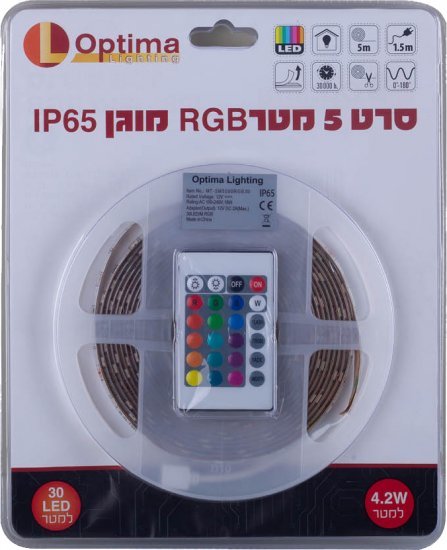 קיט סרט לד 5 מטרים כולל שנאי ושלט Optima IP65 - גוון אור RGB