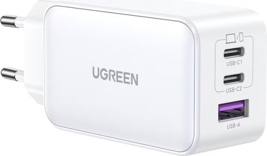 מטען קיר טעינה מהירה 65W בחיבור כפול USB-C וחיבור USB-A מבית UGREEN