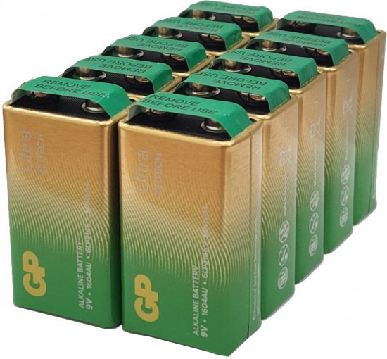 10 סוללות 9V לא נטענות דגם Ultra Alkaline של חברת GP