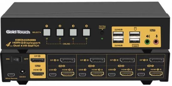 מתג KVM בעל יציאות HDMI ו-DP ל-4 מסכים עם כבל Gold Touch KVM-DPHD-4-2