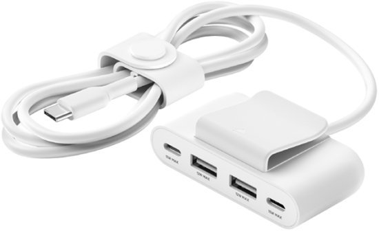 מפצל חשמל עם שקעי USB-C ו-USB-A וכבל באורך 2 מטר Belkin - לבן - ללא ראש מטעין