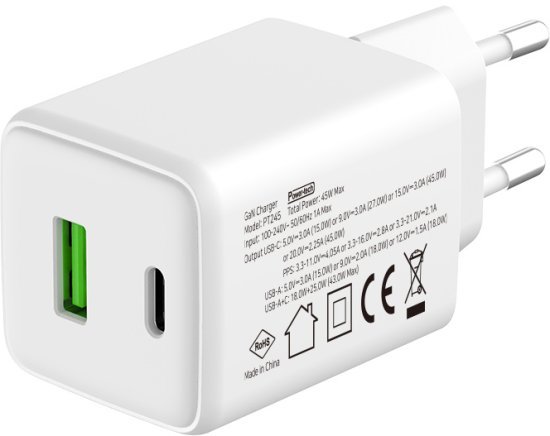 מטען קיר 45W עם כניסות USB-Type C + USB-A מבית Power-Tech - צבע לבן