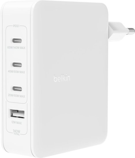 מטען BoostCharge Pro GaN 140W בעל 4 חיבורים (3xUSB Type-C+1xUSB Type-A) מבית Belkin - בצבע לבן