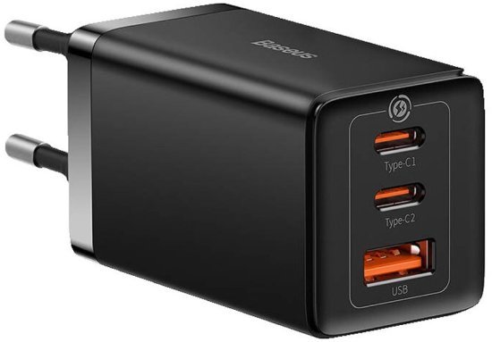 מטען קיר מהיר 2C+U 65W (עם כבל C אל C 100W) מבית Baseus - צבע שחור