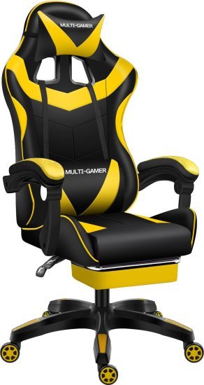 כיסא גיימרים כולל כרית עיסוי חשמלית (חיבור USB) והדום נפתח לרגליים ''מולטי גיימר'' מבית Multi Garden - צבע צהוב