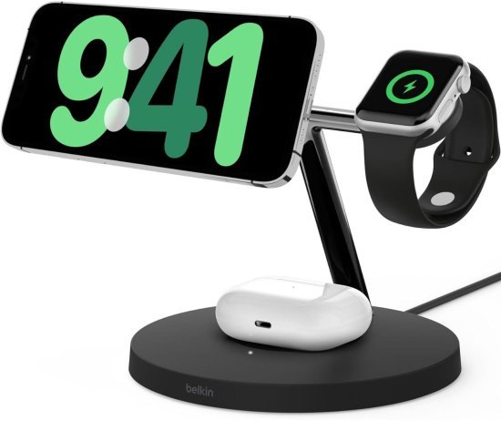 מעמד טעינה אלחוטי 3 ב-1 ל-iPhone, AirPods ו-Apple Watch עם תמיכה בטכנולוגיית Qi2 מבית Belkin - צבע שחור