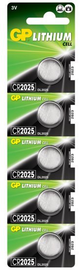 5 סוללות כפתור CR2025 Lithium לא נטענות 3V 20mm x 2.5mm של חברת GP