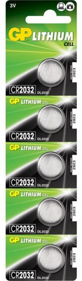 5 סוללות כפתור CR2032 Lithium לא נטענות 3V 20mm x 3.2mm של חברת GP