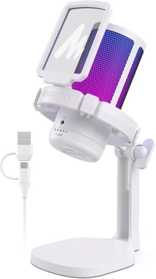 מיקרופון קונדנסר לגיימרים עם תאורת RGB וביטול רעשים דגם DGM20 GamerWave מבית Maono - צבע לבן