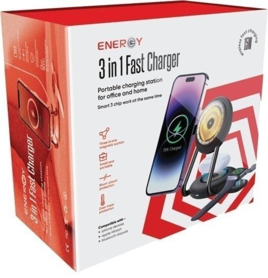 תחנת טעינה אלחוטית 3 ב-1 15W דגם YN21 מבית Energy  - צבע שחור