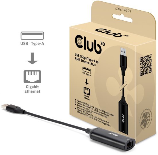 מתאם רשת USB Type-A ל־Ethernet RJ45 5Gbps דגם CAC-1421 מבית Club3D
