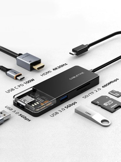 מפצל USB-C ל-6 חיבורים HDMI/USB-A / USB-C וחריץ הרחבה Micro SD מבית Cable Time