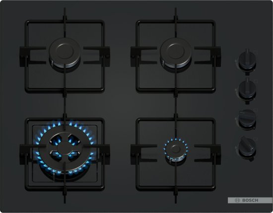 כיריים גז 4 להבות בישול 60 ס''מ Bosch Serie 2 POH6B6K30Y - זכוכית שחורה - שנה אחריות יבואן רשמי BSH