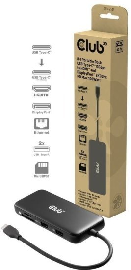 תחנת עגינה (Dock) ניידת 8 ב-1 עם תמיכה ברזולוציה של 8K@30Hz ו-Power Delivery 3.0 של עד כ-100W דגם CSV-2551 מבית Club3D