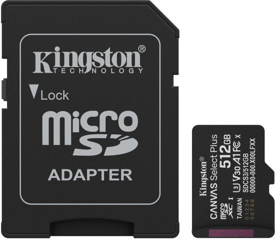 כרטיס זיכרון microSD עם מתאם דגם Kingston Canvas Select Plus SDCS3 / 512GB - נפח 512GB