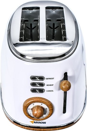 מצנם 2 פרוסות 850W בעיצוב רטרו מבית Arrow - צבע לבן עם עיטורי עץ