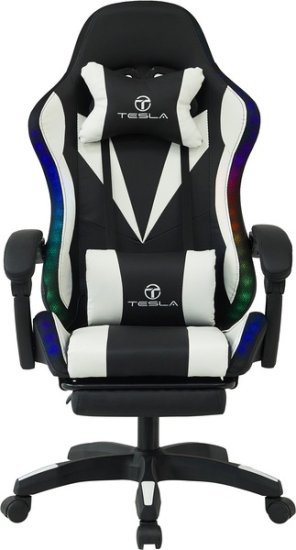כיסא גיימינג כולל תאורת LED, כרית עיסוי חשמלית והדום נפתח לרגליים דגם 7031 מבית Tesla - צבע לבן