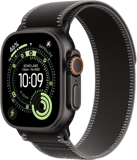 שעון חכם Apple Watch 49mm Ultra 3 GPS + Cellular צבע שעון Black Titanium צבע רצועה Black / Charcoal Trail Loop גודל רצועה M / L