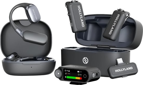 מערכת מיקרופון דש אלחוטית עם 2 משדרים, מקלט בעל חיבור Type-C, מקלט למצלמה וזוג אוזניות אלחוטיות לניטור Hollyland Lark Max 2 - גרסת Ultimate Combo