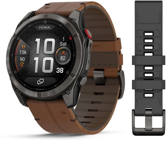 שעון חכם Garmin Fenix 8 Pro AMOLED Sapphire 51mm - צבע טיטניום DLC אפור קרבון עם רצועת עור בצבע אגוז ורצועת סיליקון בצבע שחור / אפור חלוקי נחל - כולל תמיכה מלאה בעברית - אחריות יבואן רשמי על ידי רונלייט