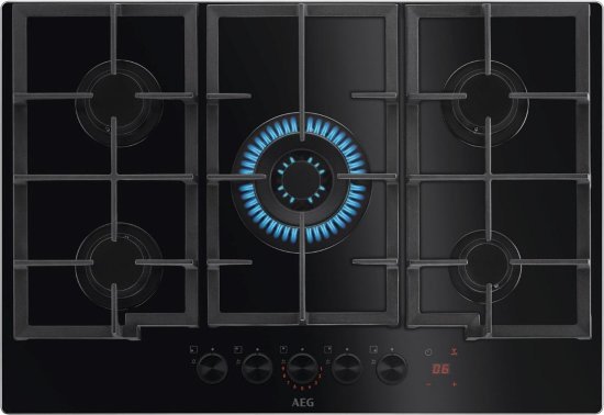 כיריים גז 5 להבות בישול 74 ס''מ עם טיימר מובנה AEG Step Power HKB75341NB - זכוכית שחורה / מסגרת נירוסטה