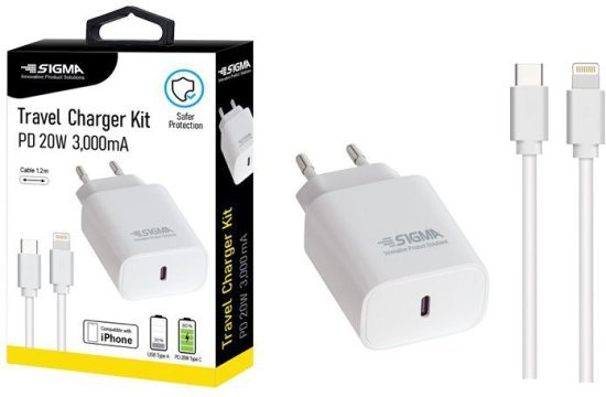 מטען קיר לטעינה מהירה Sigma 20W Type-C 5V3A - צבע לבן - כולל כבל Type-C / Lightning