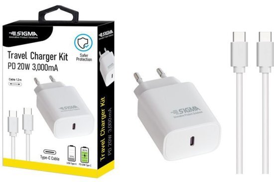 מטען קיר לטעינה מהירה Sigma 20W Type-C 3A - צבע לבן - כולל כבל Type-C