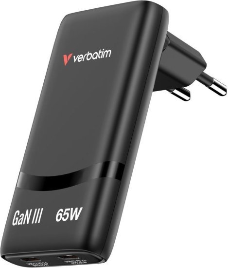 מטען קיר 65W בטכנולוגיית GaN III עם שני חיבורי USB-C דגם Fold n Go מבית Verbatim - צבע שחור