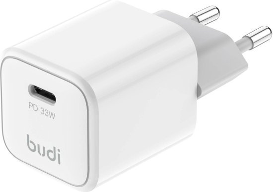 מטען קיר GaN 33W USB-C PD + כבל USB-C 65W באורך 1.2 מטר מבית Budi - צבע לבן