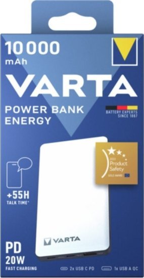 סוללת גיבוי ניידת בנפח 10,000mAh עם חיבורי USB מבית Varta - צבע לבן