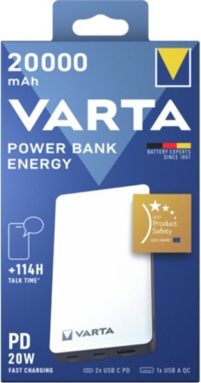 סוללת גיבוי ניידת בנפח 20,000mAh עם חיבורי USB מבית Varta - צבע לבן