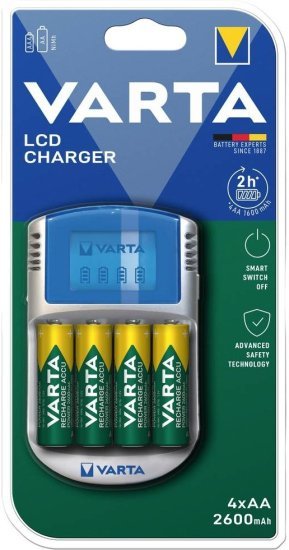 מטען סוללות עם צג 2600mAh LCD ל-4 סוללות מבית Varta - צבע כסוף