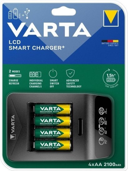 מטען סוללות חכם עם צג 2100mAh LCD ל-4 סוללות מבית Varta - צבע שחור