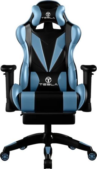 כסא גיימינג הכולל כרית עיסוי חשמלית, ידיות מתכווננות והדום נפתח לרגליים דגם 7051 Tesla - צבע כחול / שחור