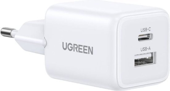 מטען קיר GaN 20W עם תמיכה בטעינה מהירה עם יציאות USB Type-A ו-USB Type-C מבית UGREEN - צבע לבן