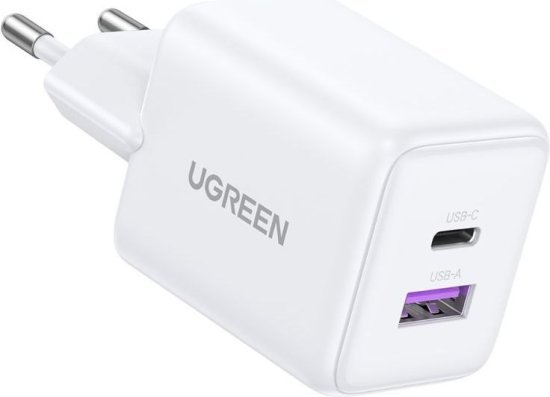 מטען קיר GaN 30W עם תמיכה בטעינה מהירה עם יציאות USB Type-A ו-USB Type-C מבית UGREEN - צבע לבן