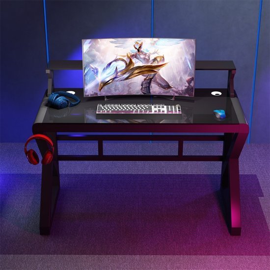 שולחן גיימינג עם משטח זכוכית ברוחב 100 ס''מ כולל מדף עליון ומתלה לאוזניות דגם RSM-1059 מבית Rosso Italy - צבע שחור